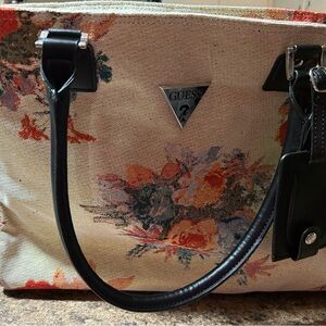 Guess Floral Canvas Tote Bag - Black and Cream